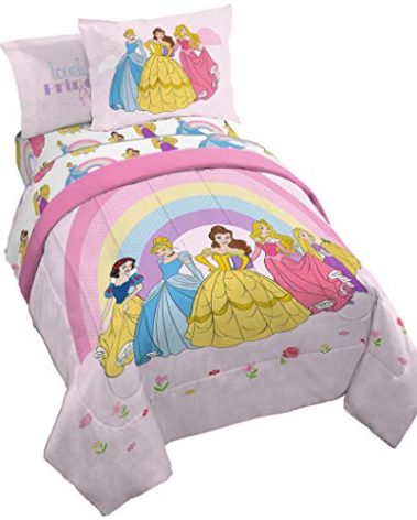 Jay Franco Disney Princess Rainbow 5 Piece Twin Bed Set - Includes Comforter & Sheet Set - Bedding Features Aurora, Belle, & Cinderella - Super Soft Fade Resistant Microfiber