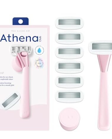 Athena Club Women’s Razor Kit, 5-Blade Cartridge Razor for Sensitive Skin, Serum-Infused Blades with Shea Butter and Hyaluronic Acid, Includes Handle, 6 Refills and Magnetic Shower Hook - Rose