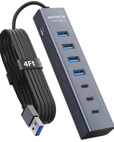 4Ft 7-Port USB Hub 3.0 for Desktop, 4 USB-A & 3 USB-C Ports Aluminium 5Gbps USB Extender Hub, USB Splitter, USB Hub Long Cable for Desktop, PC, Flash Drive, Mobile HDD SSD, Windows/XPS