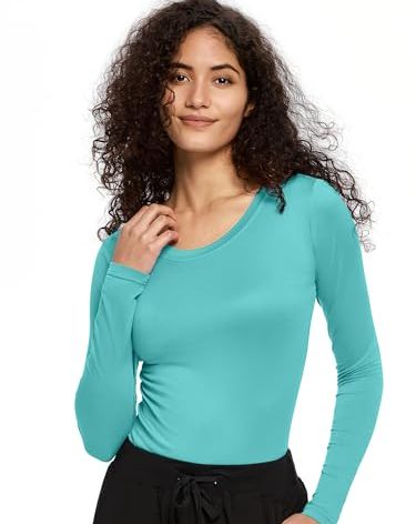COZYFIT Underscrub Long Sleeve Women - Scrubs Undershirts for Nurse with Soft Fabric, Crew Neck Tee, Aqua Blue, XS