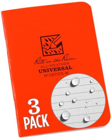 Rite in the Rain Weatherproof Mini Stapled Notebook, 3.25" x 4.625", Orange Cover, Universal Pattern, 3 Pack (No. OR71FX-M)