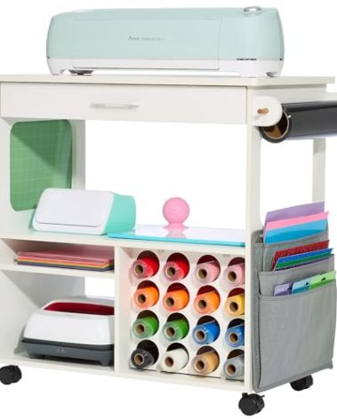 iVyne Craft Cart, Ultimate Organizer & Storage Table for Cricut/Silhouette with Metal Rack, Craft Table with Storage, Workstation for Accessories, Berry, Vinyl Rolls, and More - White