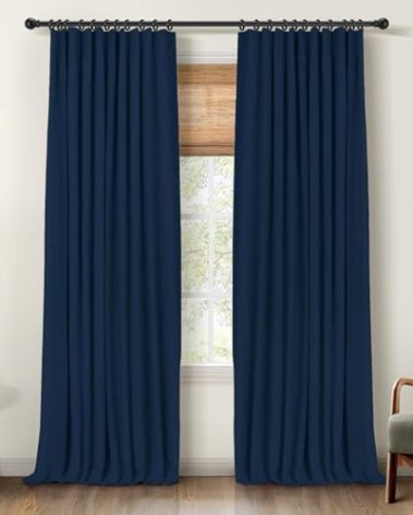 INOVADAY 100% Blackout Curtains for Bedroom, Black Out Curtains 96 Inch Long, Clip Rings Linen Blackout Drapes, Thermal Insulated Room Darkening for Living Room, 2 Panels - Midnight Blue,W50xL96