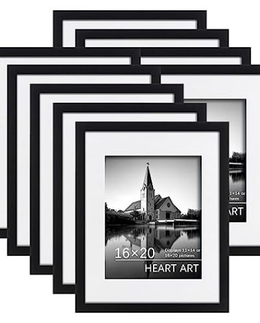 HEART ART 16x20 Picture Frame Set of 9, Display for 11x14 With Mat, Wall Gallery Set, Black