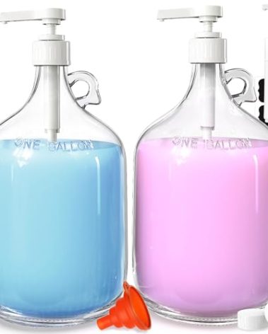 2 Pack Gallon Glass Pump Bottle Dispensers with 3 Pumps and 2 Airtight Lids, Laundry Soap Dispensers with 1 Funnel, Liquid Laundry Detergent Dispensers for Fabric Softener, Shampoo, Body Wash