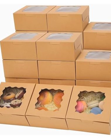 Bakepacker 100pcs Kraft Bakery Boxes with Window 6x6x3 inches Thick & Sturdy Macaroon Pastry Boxes Cookie Boxes for Bakerys