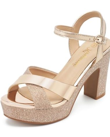 hingswink Womens Sparkly Platform Dress Sandals for Women Chunky Block Heel 3.8 Inch High Heels Open Toe with Strap for Women Comfortable Sexy Dressy Prom Wedding Party Evening Shoes, Champagne