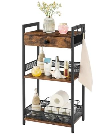 FAVOOSTY Bathroom Ladder Shelf, 3-Tier Bathroom Floor Storage Shelf with Drawer, Freestanding Towel Shelf, Bookcase End Table Open Shelving Unit for Living Room,Balcony, Rustic Brown