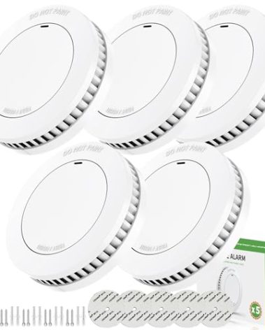 Runidur Smoke Detectors with Test/Silence Button Photoelectric Smoke Detector Drill-Mountable/Double-Sided Tape Adhesive Residential Fixed fire detectors (5-Pack)