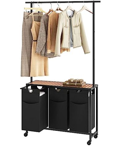 YATINEY Laundry Sorter 3 Section, Rolling Laundry Hamper with Hanging Rack, Laundry Sorter with Wheels, Hampers for Laundry, Laundry Basket Organizer for Laundry Room, Rustic Brown LS37BR