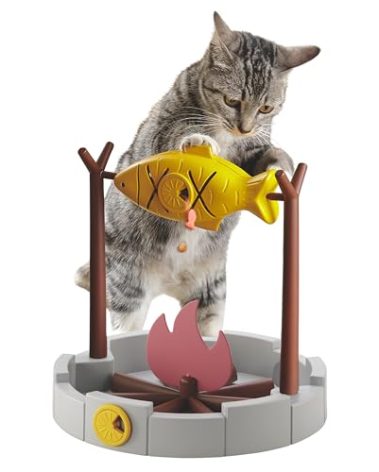 PetPals 11" High Cats Treat-Dispensing Slow Feeder,Pets Dry Food Dispenser,Cats Slow Feeding Snack Bowl, Grilled Fish Spinning Toy, Food Puzzle Cat Toy