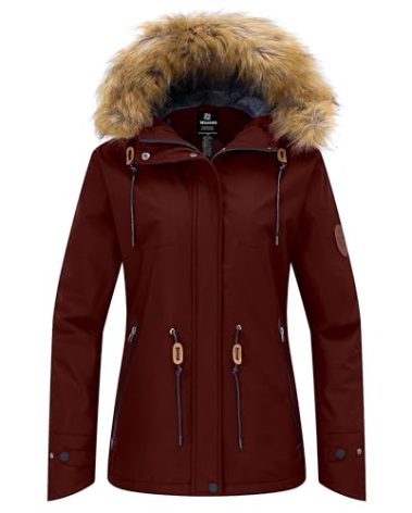wantdo Women's Waterproof Ski Jacket Winter Snow Coat with Detachable Collar Wine Red S