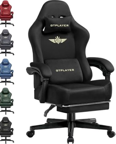 GTPLAYER Gaming Chair Fabric with Pocket Spring Cushion, High Back Ergonomic Computer Chair with Footrest for Adults Lumbar Support Swivel Game Chair for Office Gaming 350LBS, Black