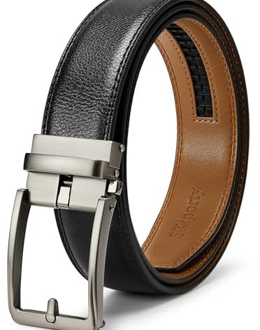SKiporty Black Mens Belt Ratchet Belts Dress Casual Leather Belt for Men With Slide Adjustable Click Buckle Gifts Box A-Black32 to 38" Waist Adjustable