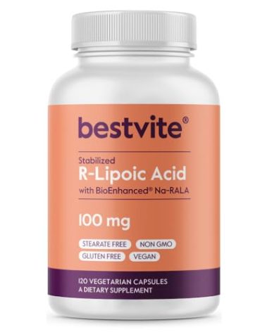BESTVITE R-Lipoic Acid 100mg Stabilized with Bio-Enhanced® Na-RLA (120 Vegetarian Capsules) No Stearates - No Flow Agents - Vegan - Non-GMO - Gluten Free