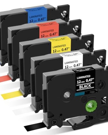P Touch Label Maker Tape 12mm 0.47 Inch Laminated White/Black/Red/Blue/Yellow Replacement for Brother TZe Label Tape, for Ptouch Model PT-D200 D210 H100 1880, Colored Tape, 5-Pack