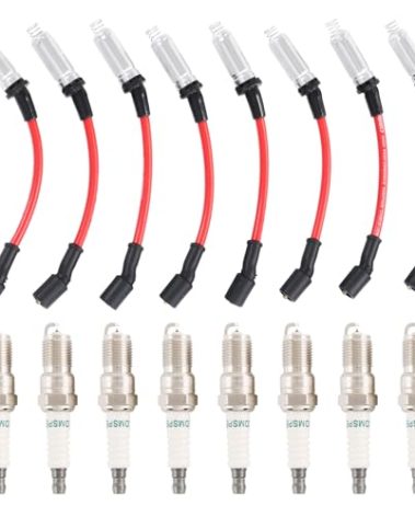 Iridium Spark Plugs 3186 & Spark Plug Wires M8-48322 Replacement For Chevy Silverado Suburban Avalanche Replacement For GMC Yukon Sierra 5.3L 6.0L 6.2L Replace 12680072 12621258 7831 483227831 Red