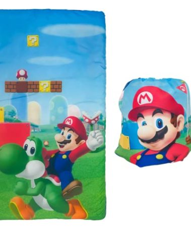 Super Mario Kids Soft Lightweight 2 Piece Sleeping/Slumber Bag and Sling Bag Set, 46"(L) X 26"(W), (Official Licensed Nintendo Product) by Franco