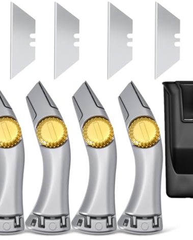 4 Pcs Silver Fixed Blade Roofing Knives with Replacement Blades, Vinyl Drywall Knife Utility Cutter for Drywall, Vinyl, Carpet, Roofer's Tool Set with Holster and Belt Clip