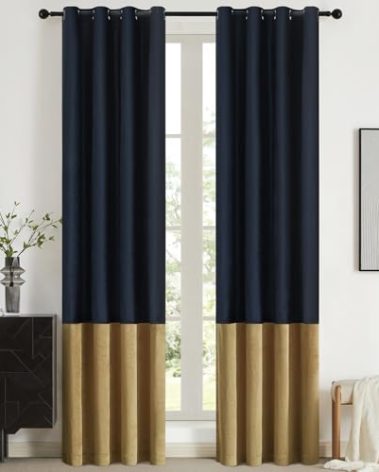 BULBUL Color Block Window Curtains Panels 96 inches Long Navy Blue Gold Velvet Farmhouse Drapes for Bedroom Living Room Darkening Treatment with Grommet Set of 2