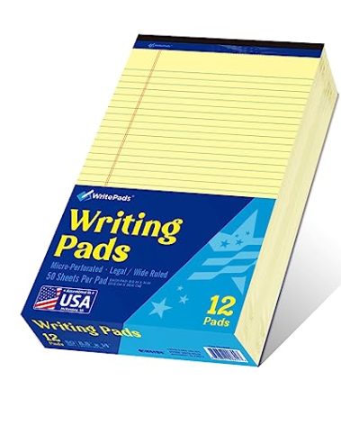 WritePads Legal note pads 8.5"x14" Legal Pads,Wide Ruled,Canary Paper,12 Pack,50 Sheets Per Writing Pad,Micro perforated Writing Pad,BL-LCY50W-12PAD
