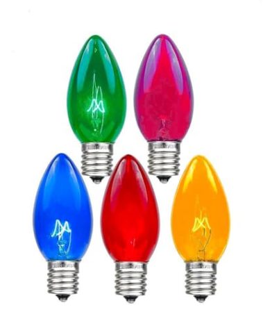 Novelty Lights Twinkle Christmas Replacement Bulbs - Outdoor Individual Bulbs for Events, Holiday Parties, Patios, and More - C7/E12 Candelabra Base, 5 Watt Lights (Multicolor, 25 Pack)
