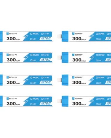 BETAFPV 8pcs BT2.0 300mAh 1S Battery 3.8V 75C Lipo with 1.0mm Banana Connector for Tiny Whoop Brushless Whoop Drone Like Cetus Kit Air65 Brushless Drone