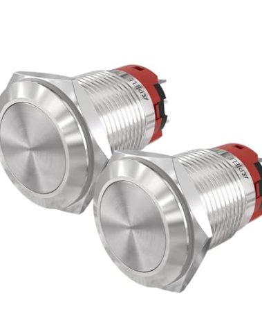 (Pack of 2) APIELE 19mm Latching Push Button Switch Waterproof Stainless Steel Metal Flat Top 12V 24V 36 DC 110V 250V AC 5A 1NO 1NC SPDT (Flat Round Latching)