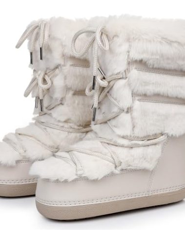 ZHENAIYISHENG Furry Faux Fur Boots for Women - Fuzzy Winter Snow Boots - Fluffy Black White Pink Lace-up Water-Resistant Platform Mid-Calf Boots (beige, 6, 7)