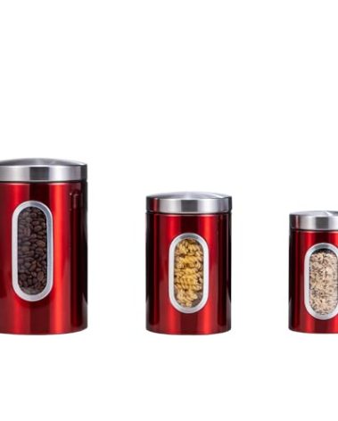 AEUNKIUO Transparent Red Canisters Sets of 3 Pieces For The Kitchen,0.9/1.6/2.9 Quarts Stainless Steel Coffee Sugar Tea Candy Storage Jars with Window for Home Kitchen Decoration and Accessories