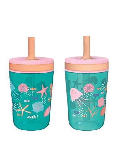 Zak Designs Kelso 15 oz Tumbler Set, (Shells) Leak-Proof Screw-On Lid with Straw Made of Durable Plastic and Silicone, Perfect Cup Bundle for Kids (2pc Set)