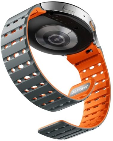 Bandletic Magnetic Silicone Band Compatible with Samsung Galaxy Watch 7 6 5 4 FE 40mm 44mm/for Galaxy Watch 6 4 Classic 43mm 47mm 42mm 46mm/Watch 5 Pro 45mm, 20mm No Gap Sport Strap, Gray/Orange