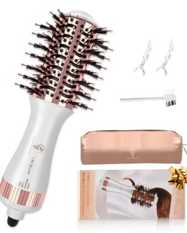 Hair Trends Travel Hair Dryer Brush, Nano Titanium 2 Inch One Step Hair Dryer & Styler Volumizer, Mini Oval Hot Air Brush, White and Rose Gold, HB004