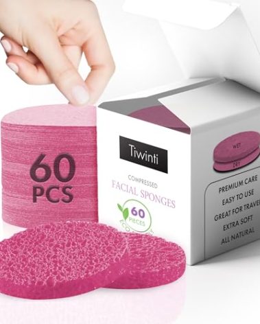 TiwinTi 60 Count Compressed Facial Sponges - Natural Wood Pulp Round Esthetician Face Sponges for Cleansing, Daily Face Washing, Exfoliating Makeup, and Mask Removal