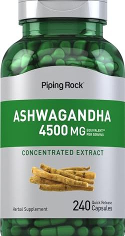 Piping Rock Ashwagandha Supplement 4500mg | 240 Capsules | Pills for Women and Men | with Black Pepper Extract | Extra Strength Herb Root | Non-GMO & Gluten Free