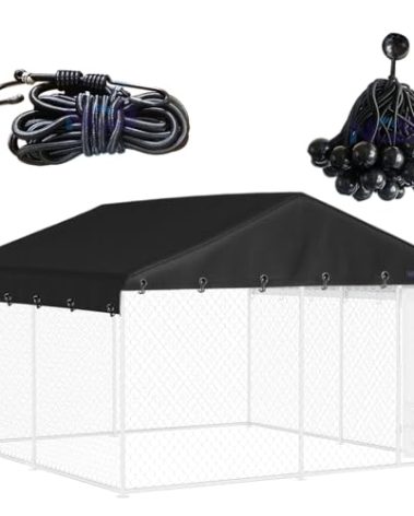NGB Outdoor Kennel Cover Suitable for 10'W x 10'L Outdoor Kennels,with Multiple Elasticized Ball Cords,Windbreak Hooked Elastic Cord,Waterproof Oxford Fabric,Replacement Enclosure Covers.