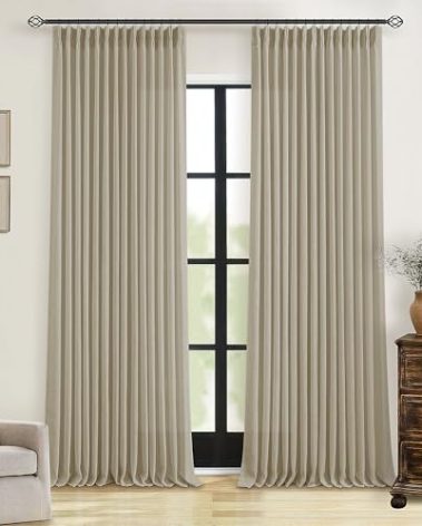 Thick Linen Khaki Taupe Curtains 96 Inches Long for Living Room Bedroon Pinch Pleated Drapes with Hooks Rings Back Tab Light Filtering Burlap Farmhouse Ceiling Custom Made Memory Trained Curtain