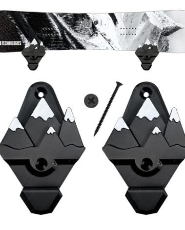 Snowboard Wall Mount with Hooks, Universal Design, Snowboard Rack, Space Saver, Wall Art (Black & White Mountains)
