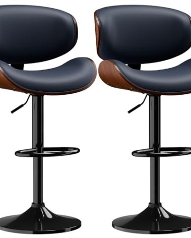 Aowos Bar Stools Set of 2, Adjustable Swivel Leather Bar Stools for Kitchen Island, Mid Century Modern Counter Height Bar Chairs Barstools with Back & Footrest (Blue)