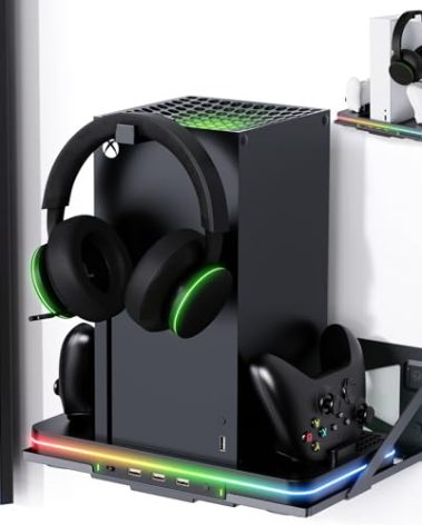 Wall Mount with Cooling Charging Stand for Xbox Series X/S, Luckit Vertical Dual Controller Charger Station Compatible Xbox Series X/S Console Accessories with Cooling Fan, 3 USB Ports&2 Headset Stand