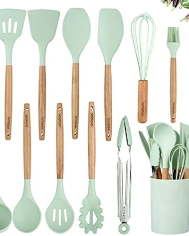 VIVAYO Silicone Cooking Utensil Kitchen Utensils Set, 12 Pieces Silicone Kitchen Utensil Wooden Handles, Kitchen Spatula Sets with Holder Spoon Turner Tongs,Mint Green