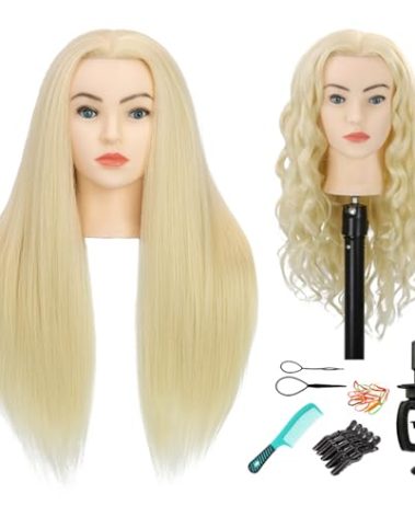 Sirydtm 28" Mannequin Head with Human Hair Light Blonde 80% Real Hair Blue Eyes Styling Practice Mannequin Head Doll Head for Cosmetology & Hairdresser with Free Clamp Stand and Tools（613#）