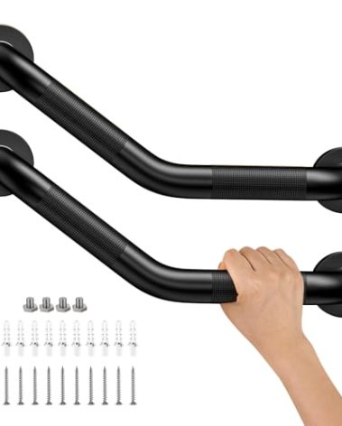 16 Inch Angled Shower Grab Bar Black, Munzong 2 Pack Anti Slip Bathroom Grab Bar, Knurled Bathroom Balance Bar,Safety Hand Rail Support Handicap Elderly Injury Senior Assist Bath Handle-1.25” Tube