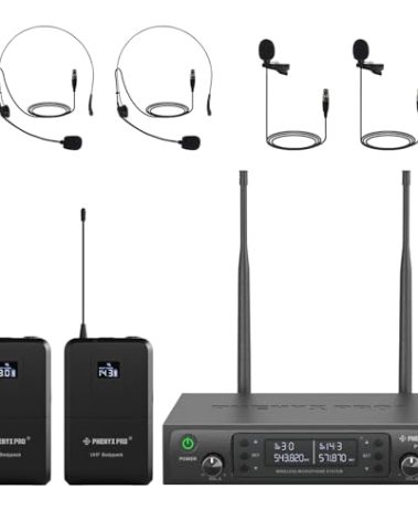 Phenyx Pro Dual UHF Wireless Microphone System，Auto-Scan Cordless Mic Set w/ 2x100 Frequencies, 2 Bodypacks & Headsets/Lapel Microphones for Speaking, Singing, Church, DJ (PTU-71-2B)