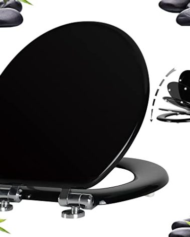 Angel Shield Toilet Seat with Zinc Alloy Hinges Quiet-Close Quick-Release Wood Molded UV Lid Easy Clean(Round,Black)