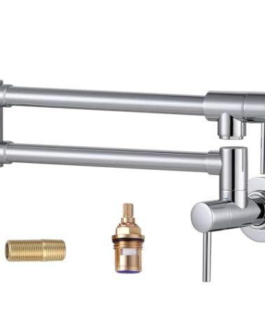 Brass Made Pot Filler Faucet, ALEASHA Chrome Kitchen Sink Pot Filler Faucets, Wall Mount Folding Kitchen Pot Filler, Retractable Single Hole Pot Filler with Two Handles for Sink Stove