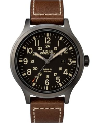 Timex Men's Expedition Scout 43mm Watch – Black Dial & Case with Brown Leather Strap