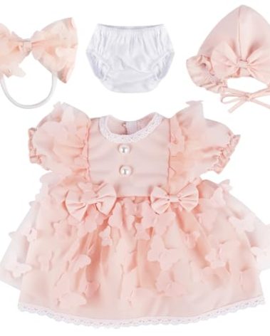 BABESIDE 4 Pcs Reborn Baby Doll Clothes Set for 17-22 Inch Babydolls, Pink Bow Dolls Dress with Hat Headband and Reusable Diaper for Realistic Baby Doll Accessories