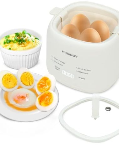 MINANOV Egg Maker - Electric Egg Cooker with Auto Shut Off and Alarm- Egg Maker Machine for Hard Boiled, Soft Boiled, Steamed Eggs, Onsen Tamago - Smart Egg Cooker for Home,Kitchen, RV,Camping