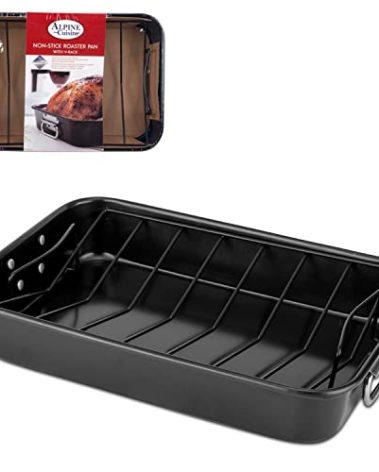 Alpine Cuisine Turkey Roaster Pan with Rack 16-Inch - Nonstick Coating Carbon Steel Pan - Black & Heavy Duty Roasting Pan - Easy to Clean, Multipurpose Use - Durable & Dishwasher Safe